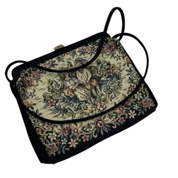 Vintage Tapestry Handbag Double Black Satin Handles Attached Satin Change Purse - Picture 2 of 11